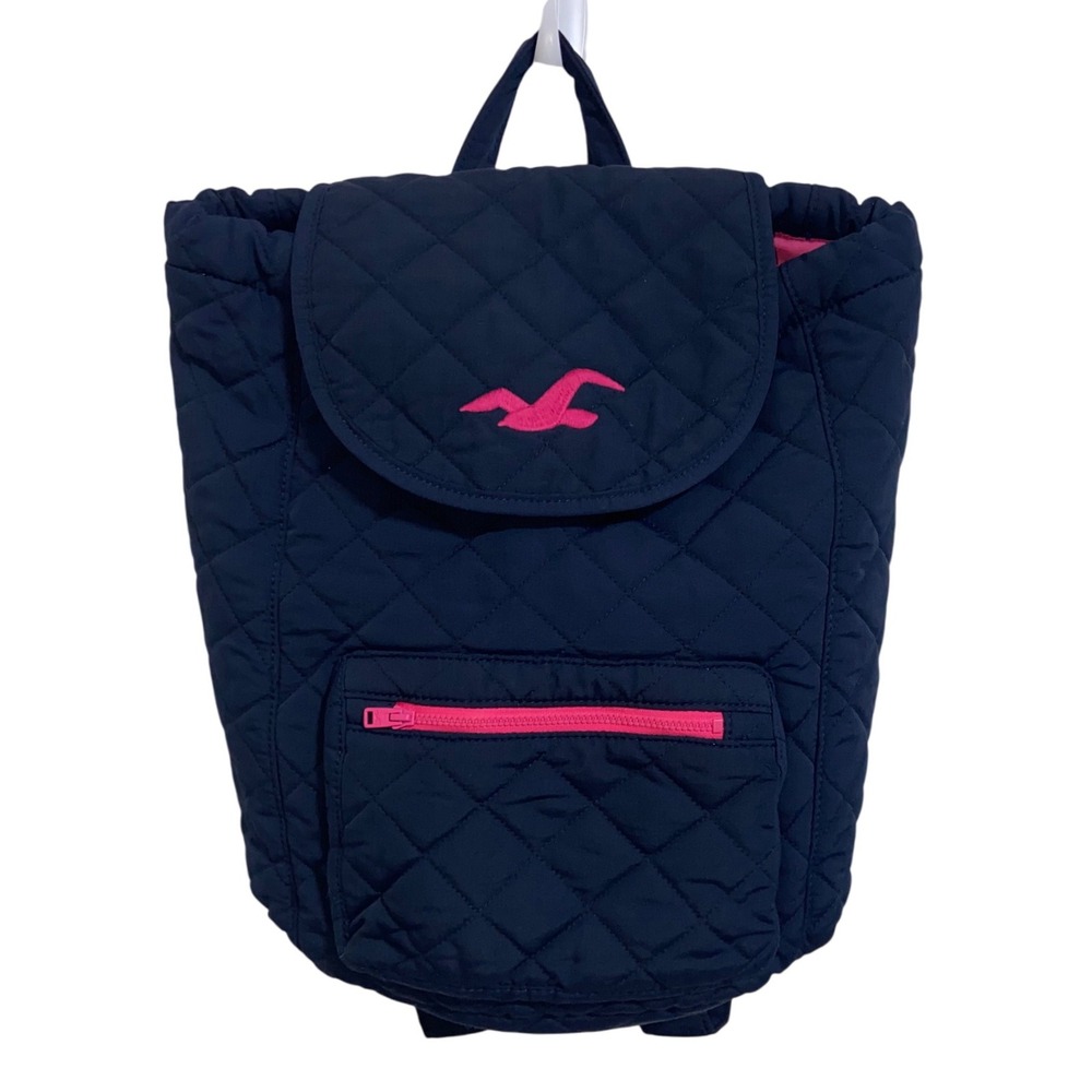 Hollister Y2K Vintage Retro 00's Navy Blue Quilted Drawstring Backpack Pink Logo